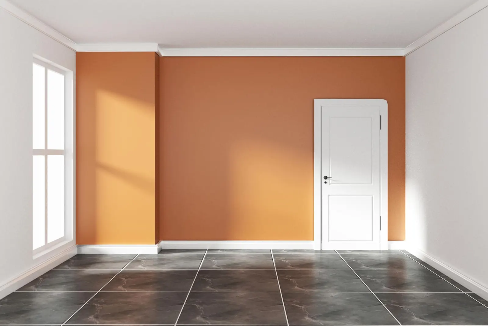 Pièce rénovée avec mur peint en orange